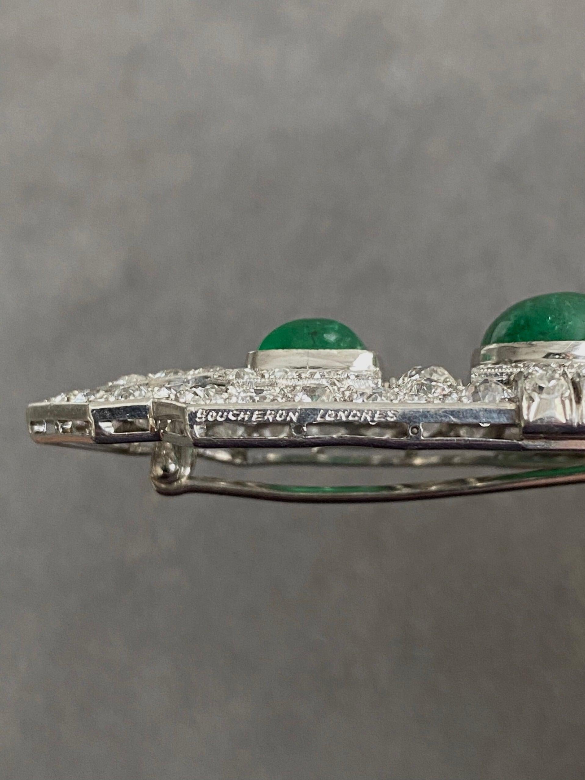 Women's Boucheron Art Deco Platinum, Emerald and Diamond Brooch For Sale