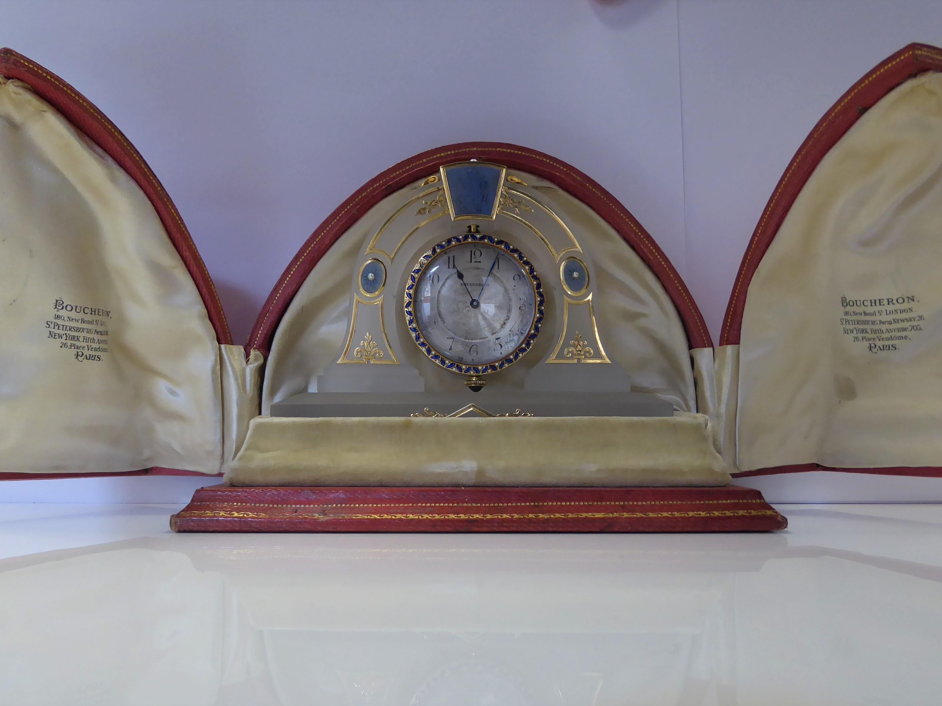 Boucheron Art Deco Rock Crystal, Yellow Gold, Pearl, Enamel Desk Clock in Box In Fair Condition In London, GB