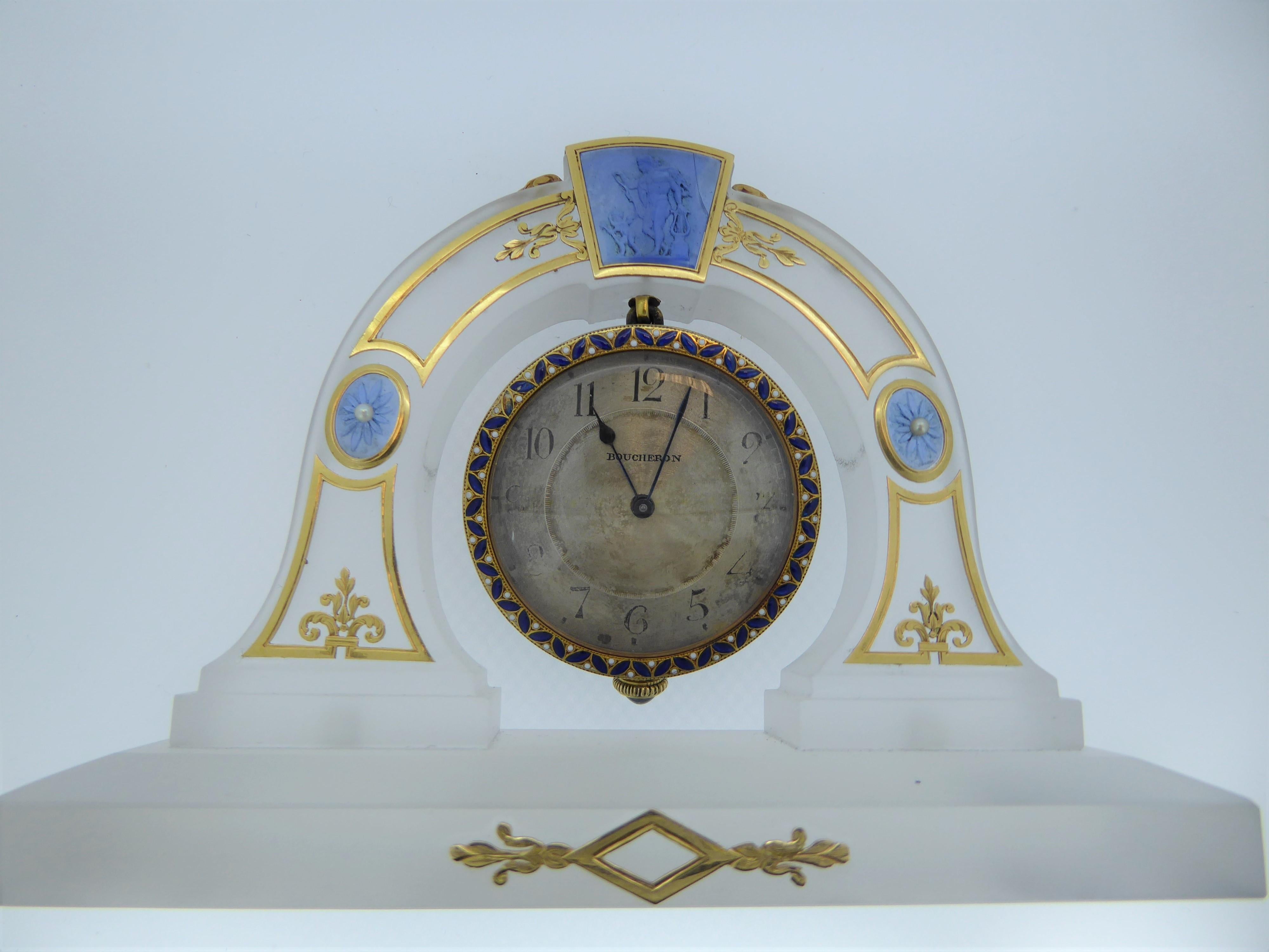 Women's or Men's Boucheron Art Deco Rock Crystal, Yellow Gold, Pearl, Enamel Desk Clock in Box