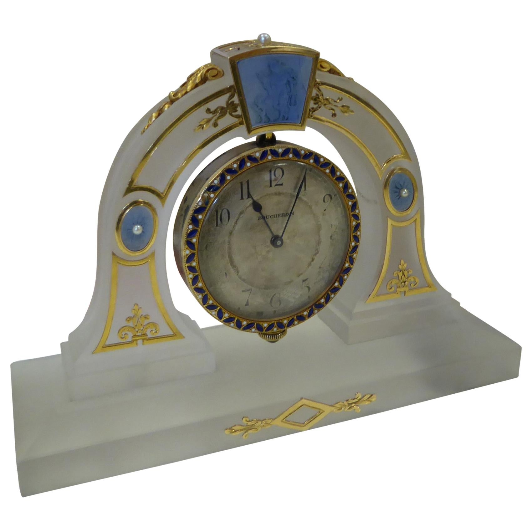 Boucheron Art Deco Rock Crystal, Yellow Gold, Pearl, Enamel Desk Clock in Box