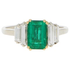 Retro Boucheron Art Deco Style Emerald and Diamond Engagement Dress Ring in Platinum
