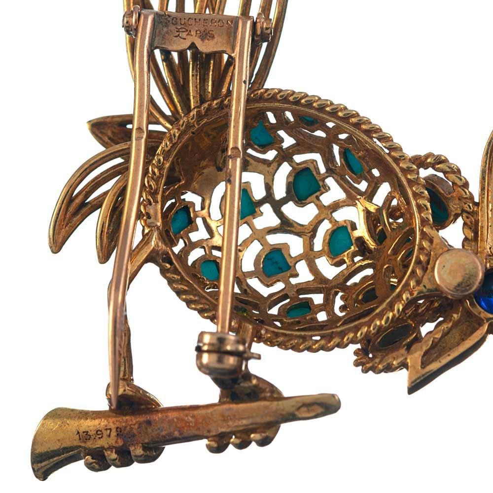 Mixed Cut Boucheron Bird Motif Brooch with Turquoise and Lapis