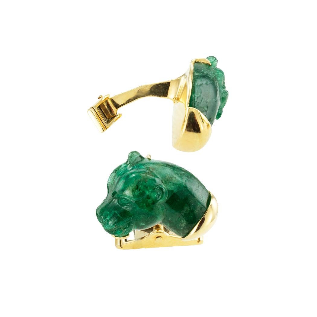 Boucheron panther head hand-carved emeralds and yellow gold cufflinks. *

ABOUT THIS ITEM:  # P-DJ112D. Scroll down for specific details.  Boucheron’s hand-carved emerald panther heads cufflinks make a confident declaration of sartorial and