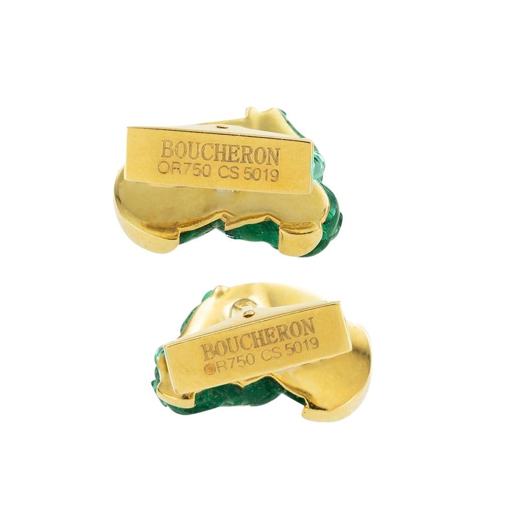 Women's or Men's Boucheron Carved Emerald Panther Head Yellow Gold Cufflinks
