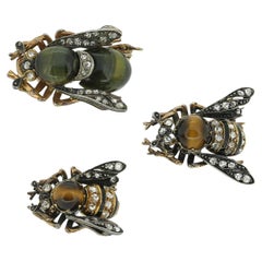 Antique Boucheron Chrysoberyl Tiger's Eye and Diamond Insect Brooch Set