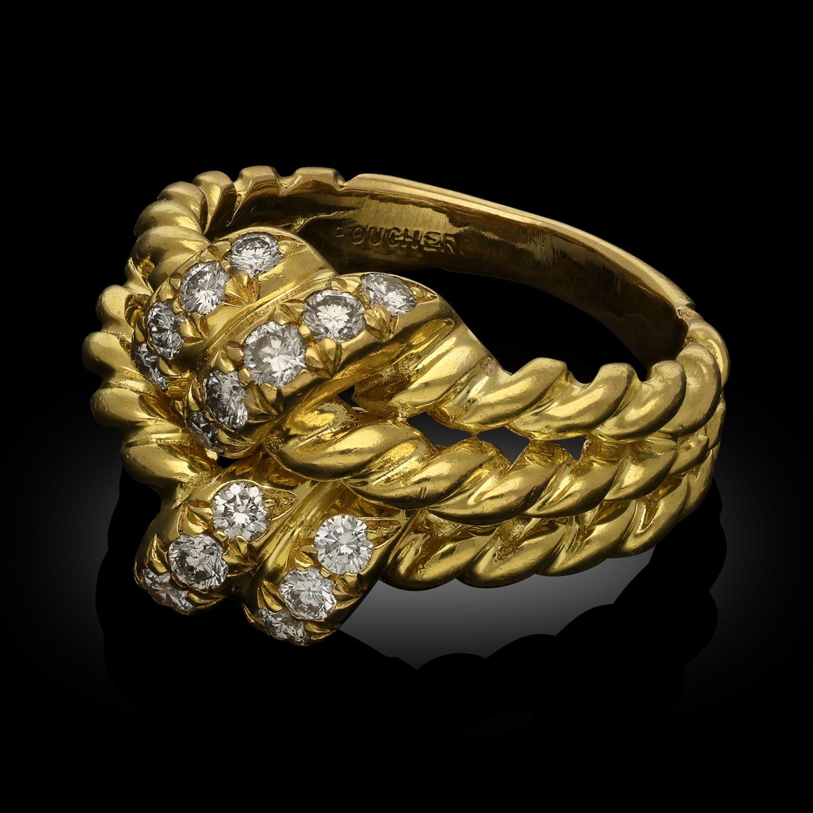 An 18ct yellow gold and diamond knot ring by Boucheron c.1970. The ring is designed as a twisted rope double knot with the central section set with round brilliant cut diamonds all set in 18ct yellow gold.
Maker
Boucheron
Period
circa