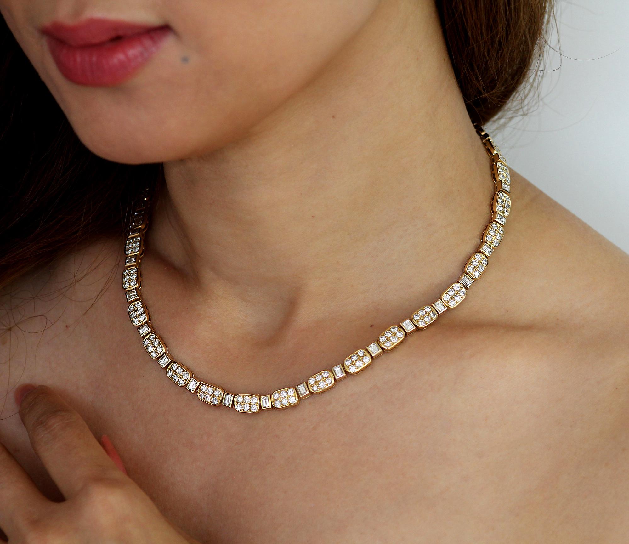 This set is created by French designer Boucheron, well known for its spectacular craftsmanship and design. Featuring a beautiful complimentary necklace and bracelet, the design is composed of round brilliant cut diamonds set in rectangular gold