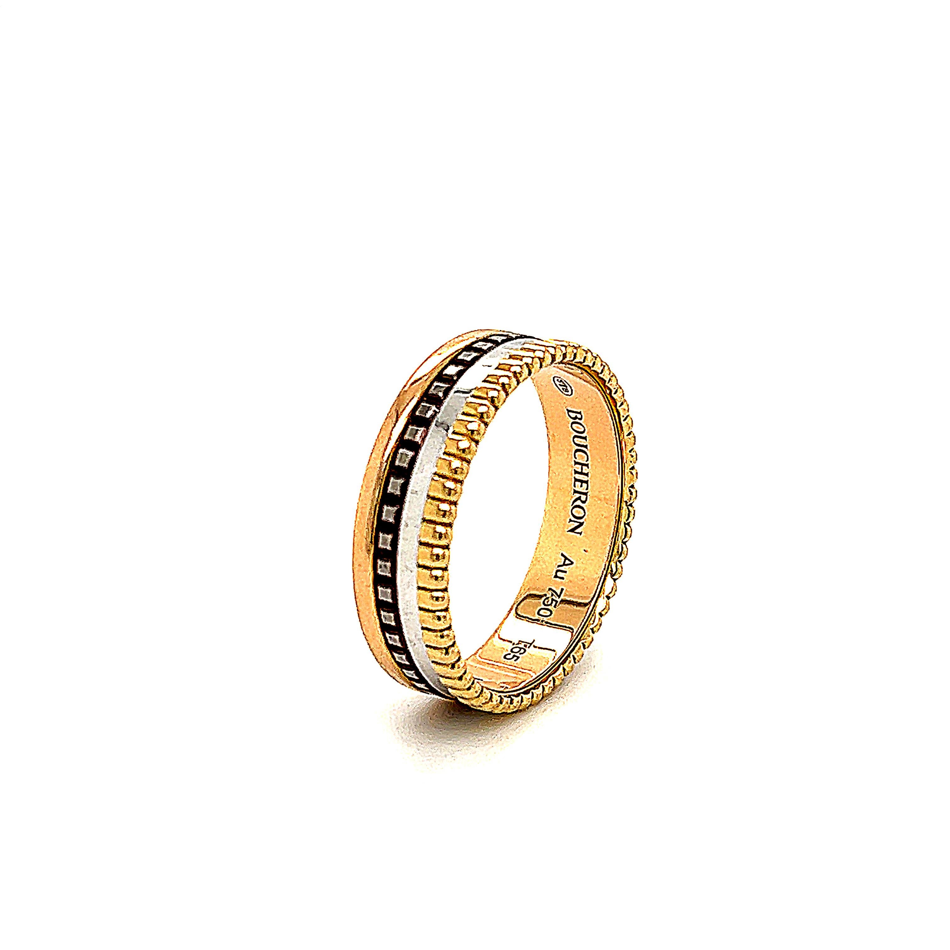A glittering tribute to Paris, the city of light. The Boucheron small classic quatre band ring expresses unexcelled craftsmanship with four shades of gold in four different patterns.
The ring is crafted in 18 karat pink, white, and yellow gold with