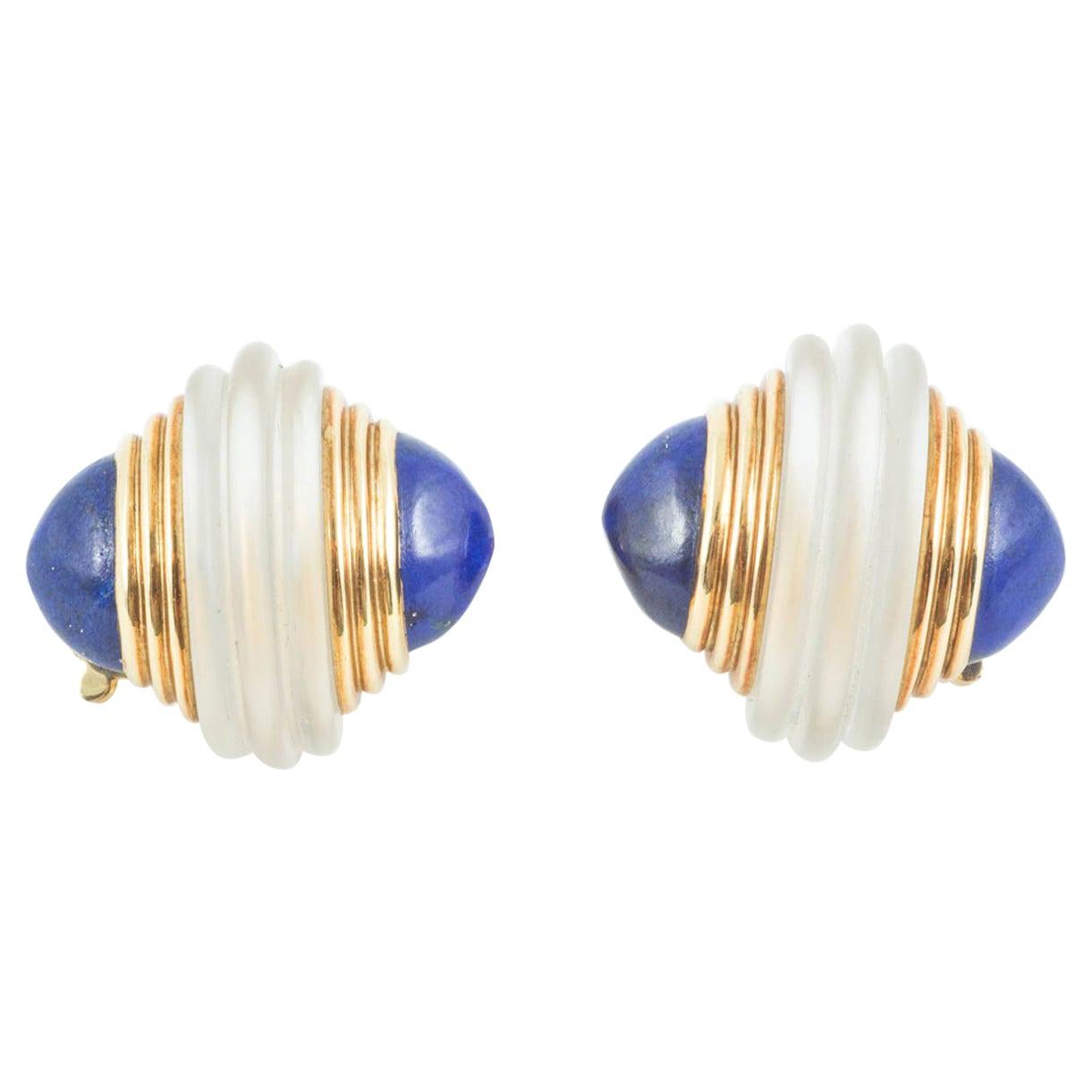 Boucheron Clip Earrings, Frosted Crystal & Lapis Lazuli in 18k Gold, French 1950 For Sale