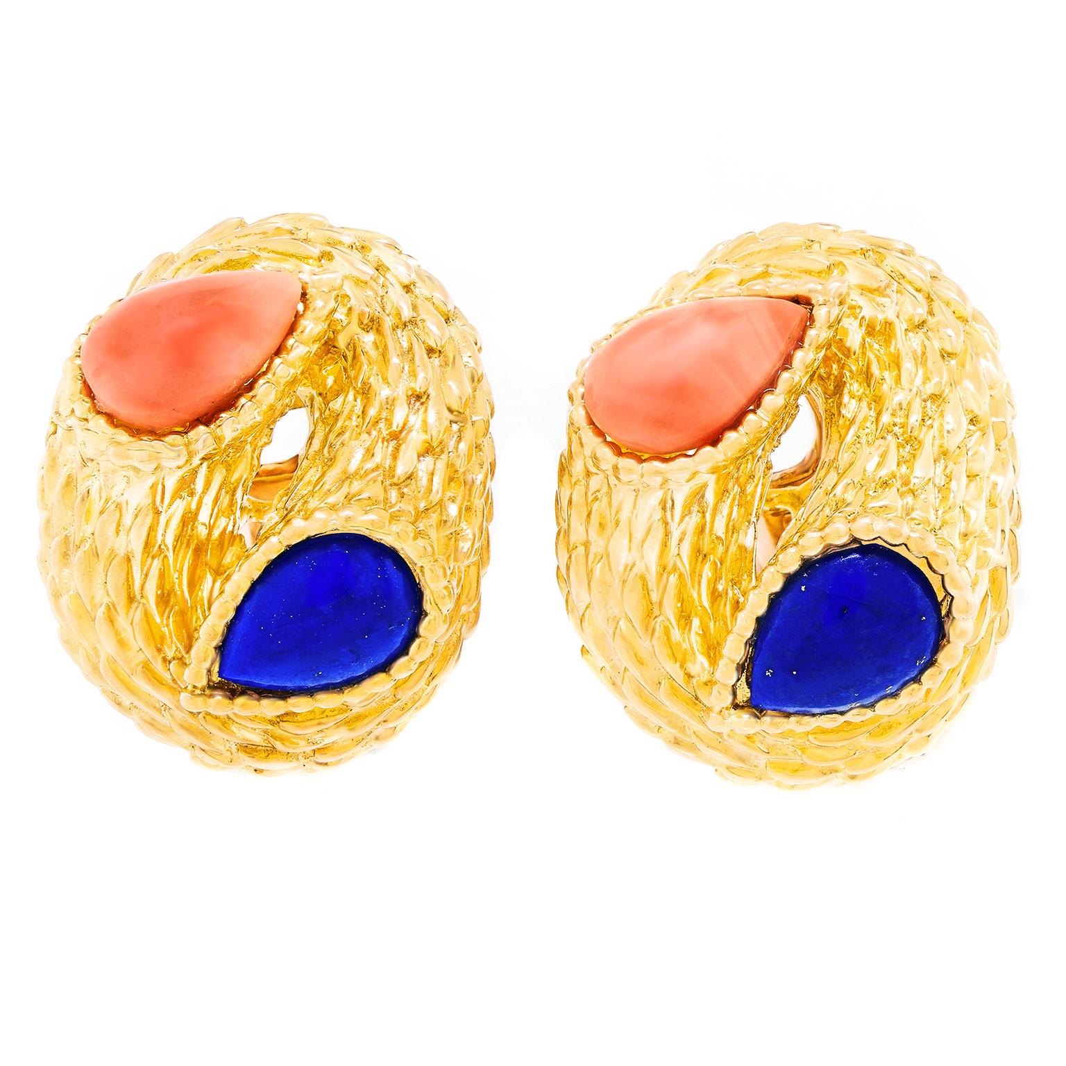 Pear Cut Boucheron Coral and Lapis Earrings
