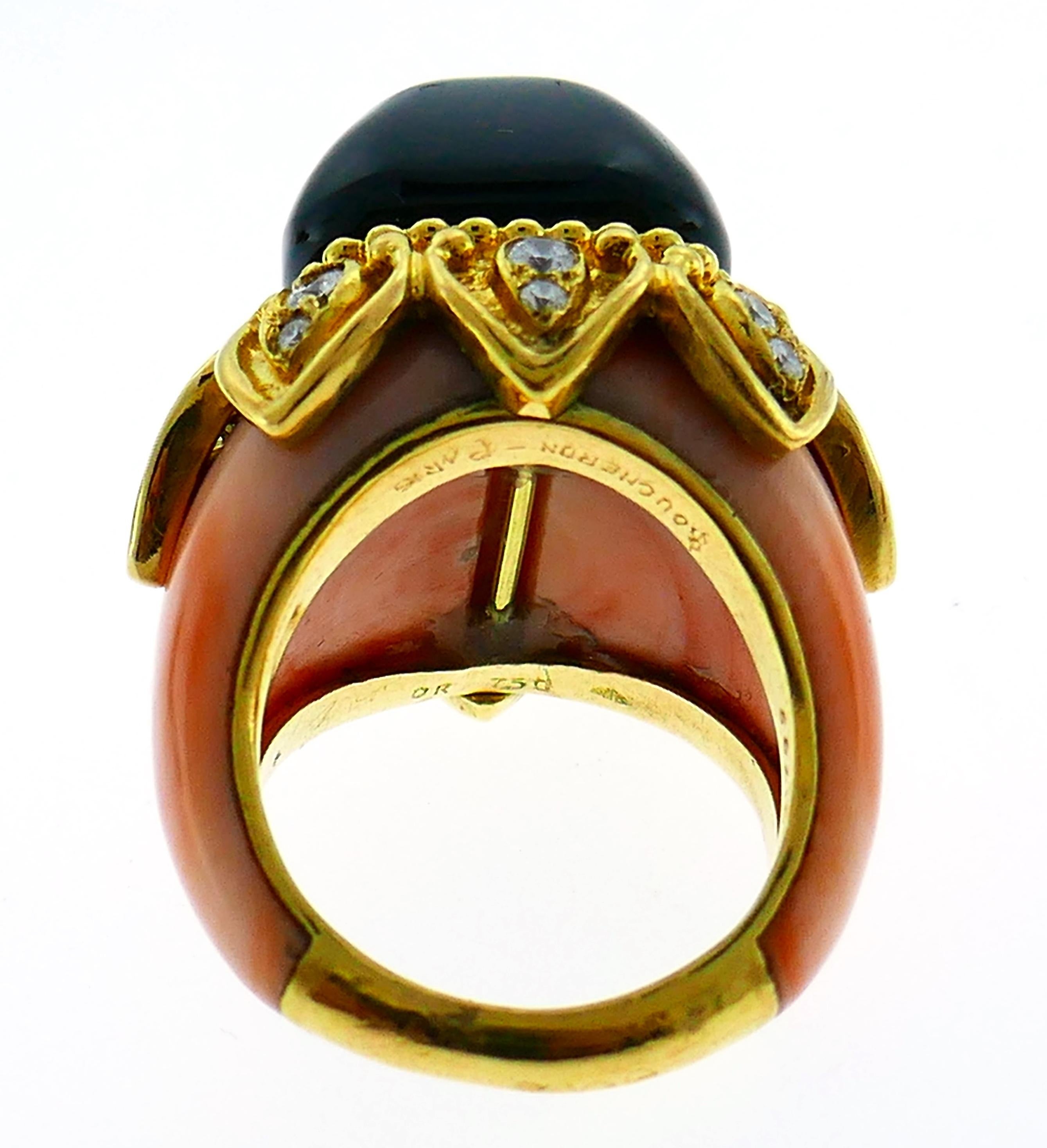 Boucheron Coral Gold Bangle Bracelet Ring Earrings Set, 1970s 7