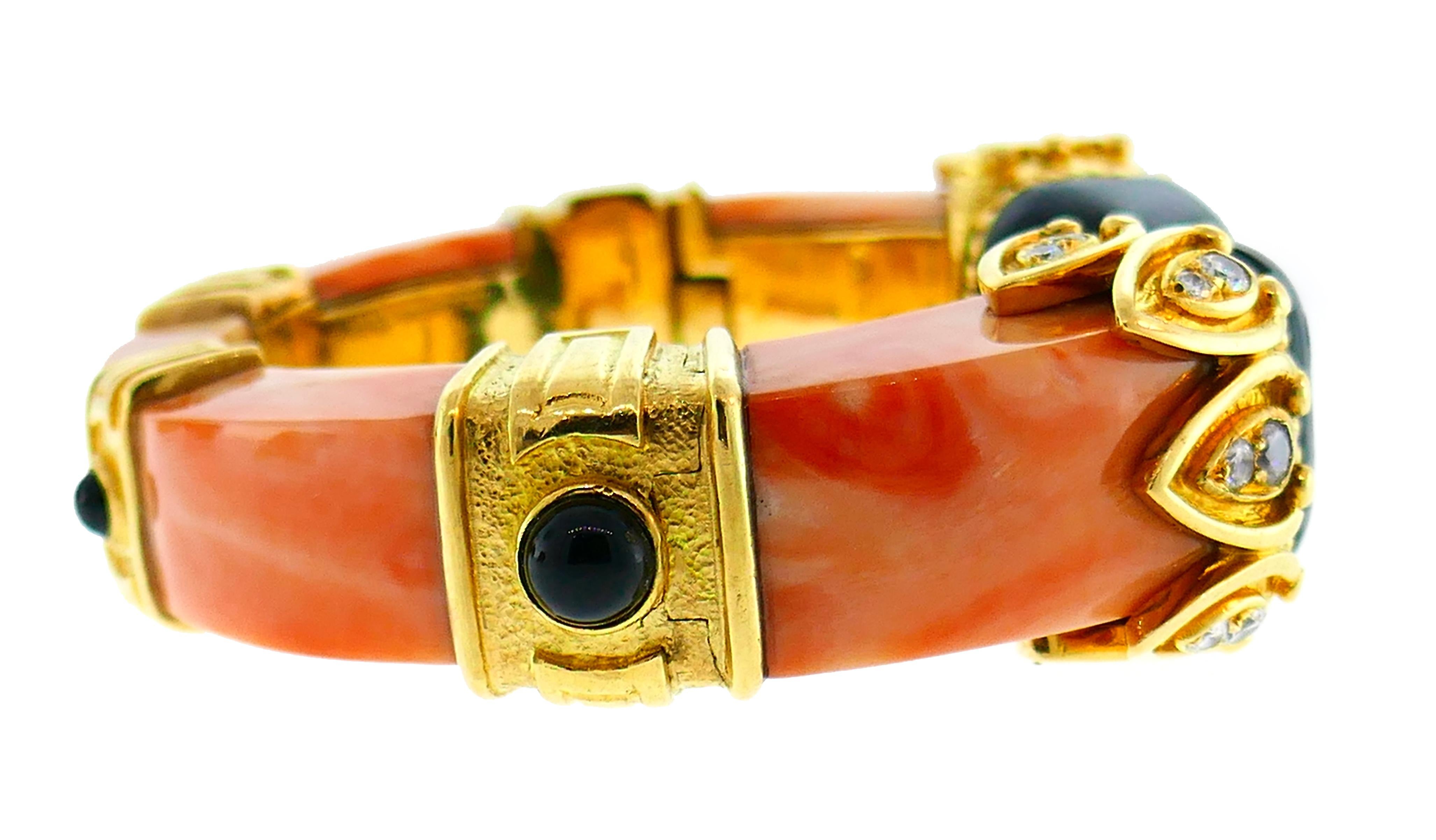 Boucheron Coral Gold Bangle Bracelet Ring Earrings Set, 1970s 1