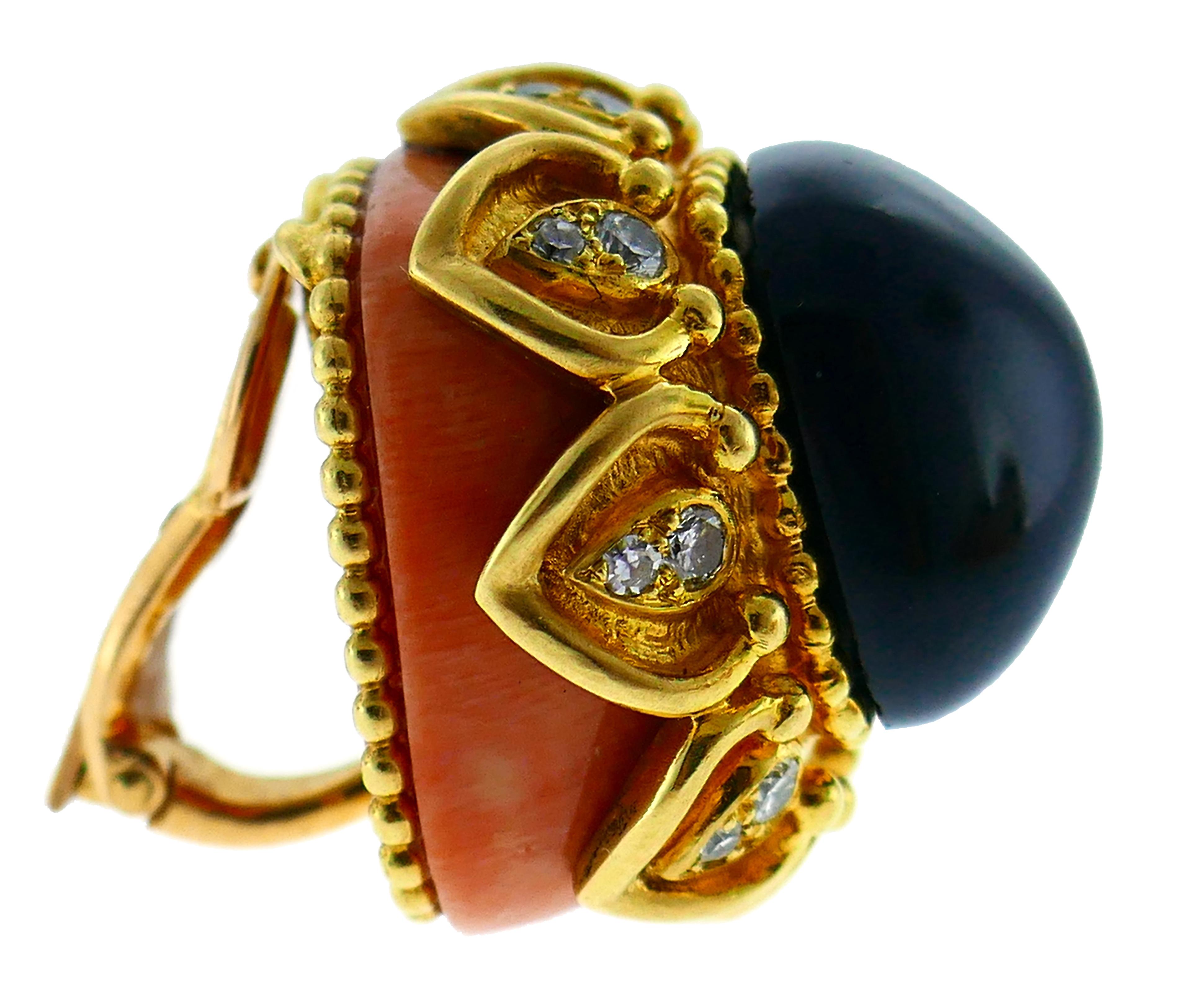 Boucheron Coral Gold Bangle Bracelet Ring Earrings Set, 1970s 2