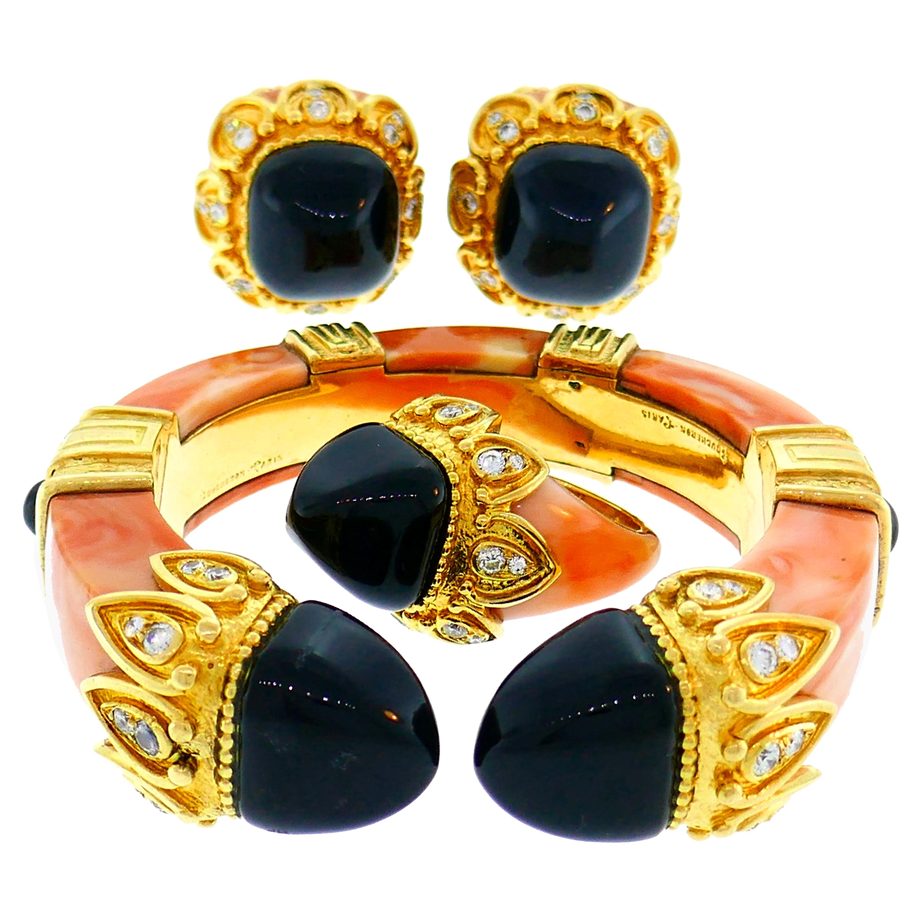 Boucheron Coral Gold Bangle Bracelet Ring Earrings Set, 1970s