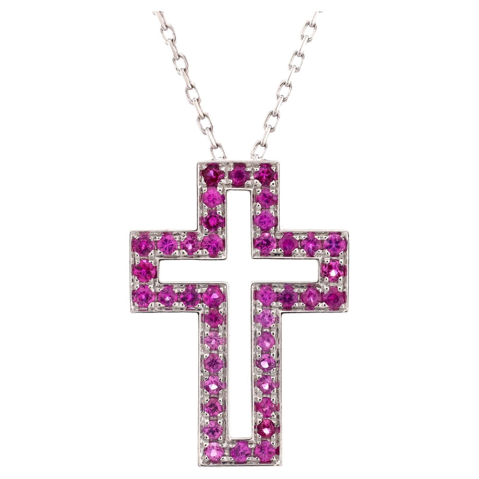 Boucheron Cross Pendant Necklace 18k White Gold with Pink Sapphires