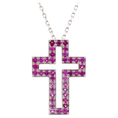 Boucheron Cross Pendant Necklace 18k White Gold with Pink Sapphires