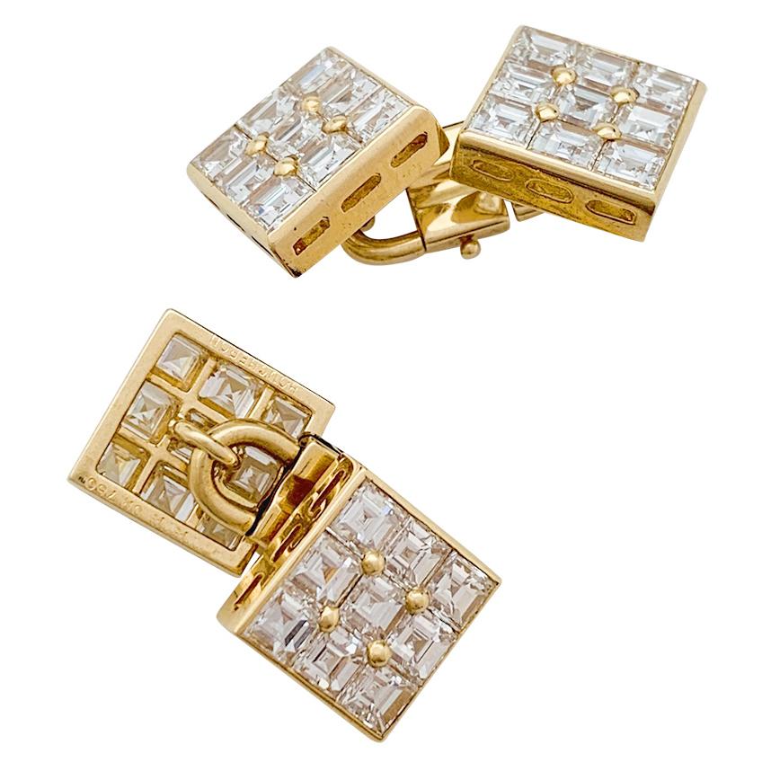 Square Cut Boucheron Cufflinks, Set with 8 Carats of Square-Cut Diamonds For Sale