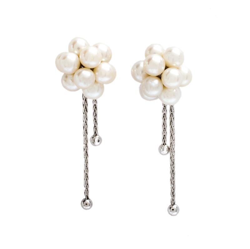 Contemporary Boucheron Cultured Pearl Cluster 18k White Gold Tassel Stud Earrings