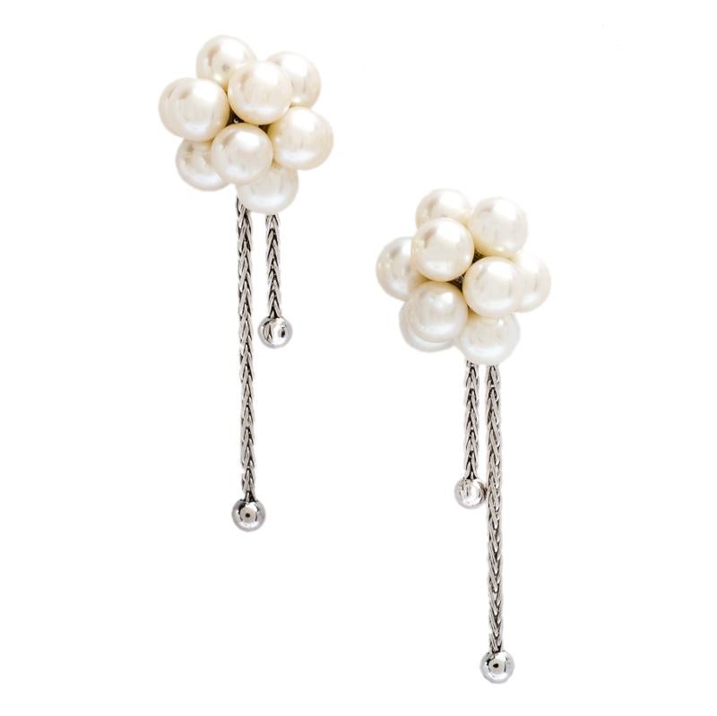 Contemporary Boucheron Cultured Pearl Cluster 18k White Gold Tassel Stud Earrings