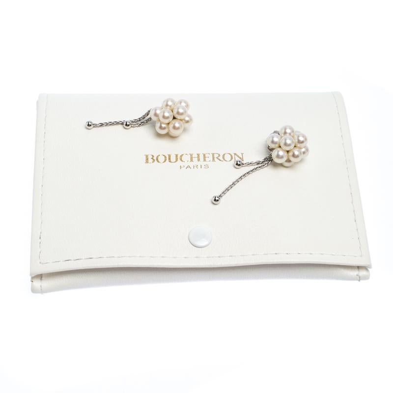 Boucheron Cultured Pearl Cluster 18k White Gold Tassel Stud Earrings 1