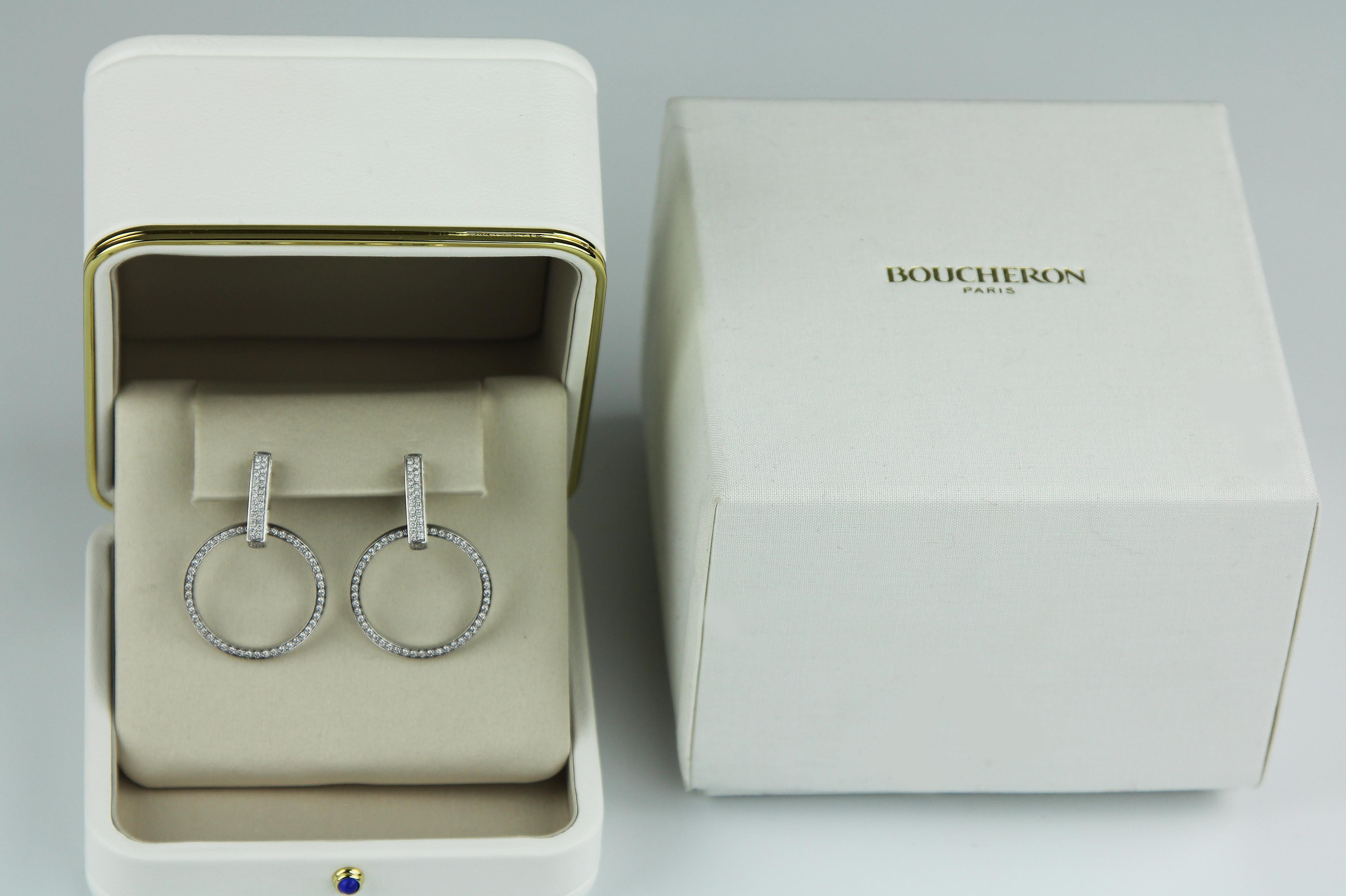Boucheron diamond pairs of earrings in 18 ct white gold original box . These earrings are at the height of jewellery sophistication and refinement due to the way the hoop-bedazzled in diamonds, is carefree and able to move separately yet still fully