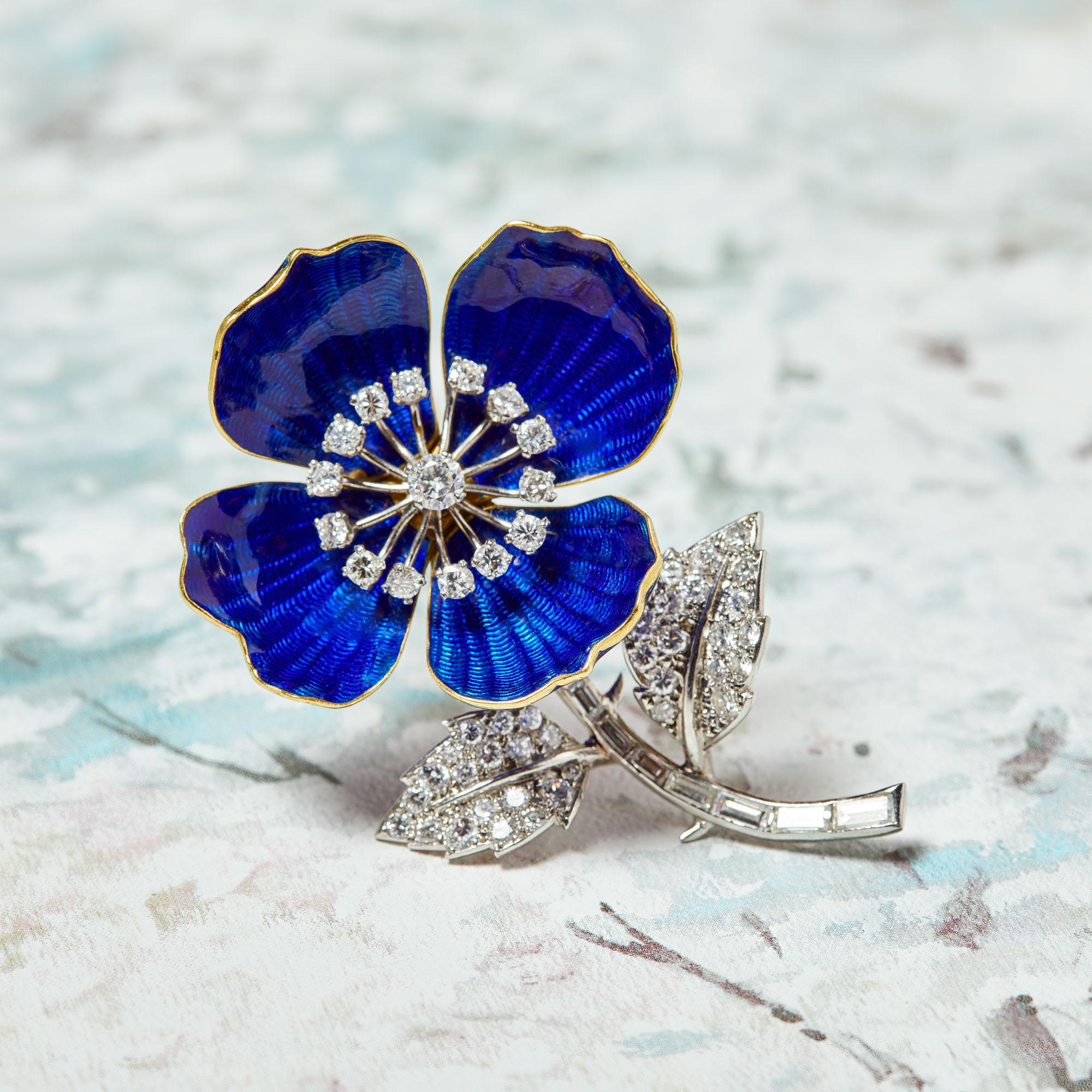Mixed Cut Boucheron Diamond And Blue Enamel Flower Brooch For Sale