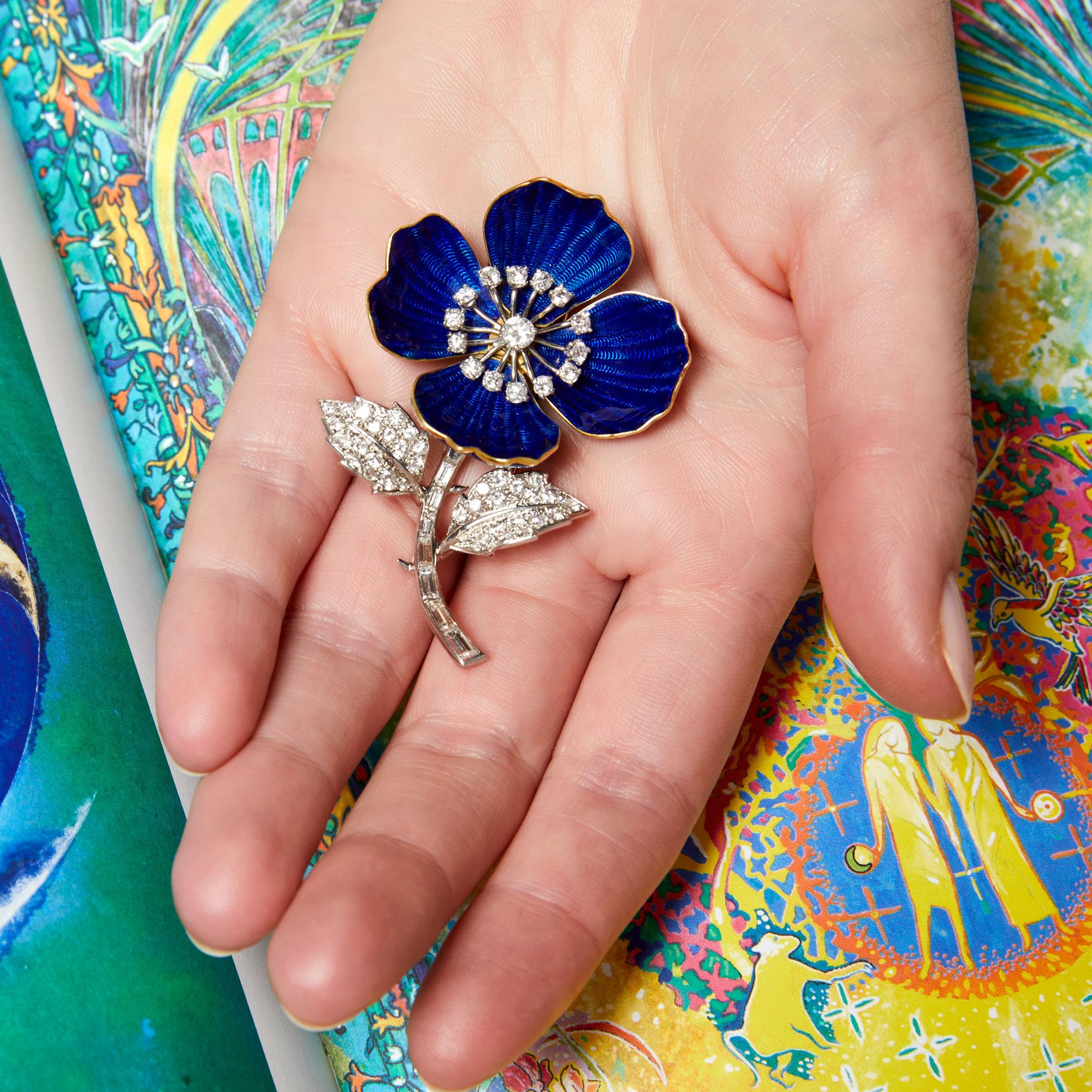 Mixed Cut Boucheron Diamond And Blue Enamel Flower Brooch For Sale