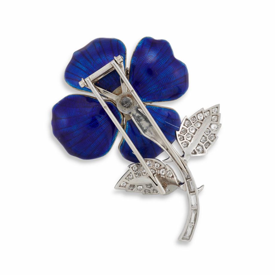 Boucheron Diamond And Blue Enamel Flower Brooch In Excellent Condition For Sale In Weston, MA