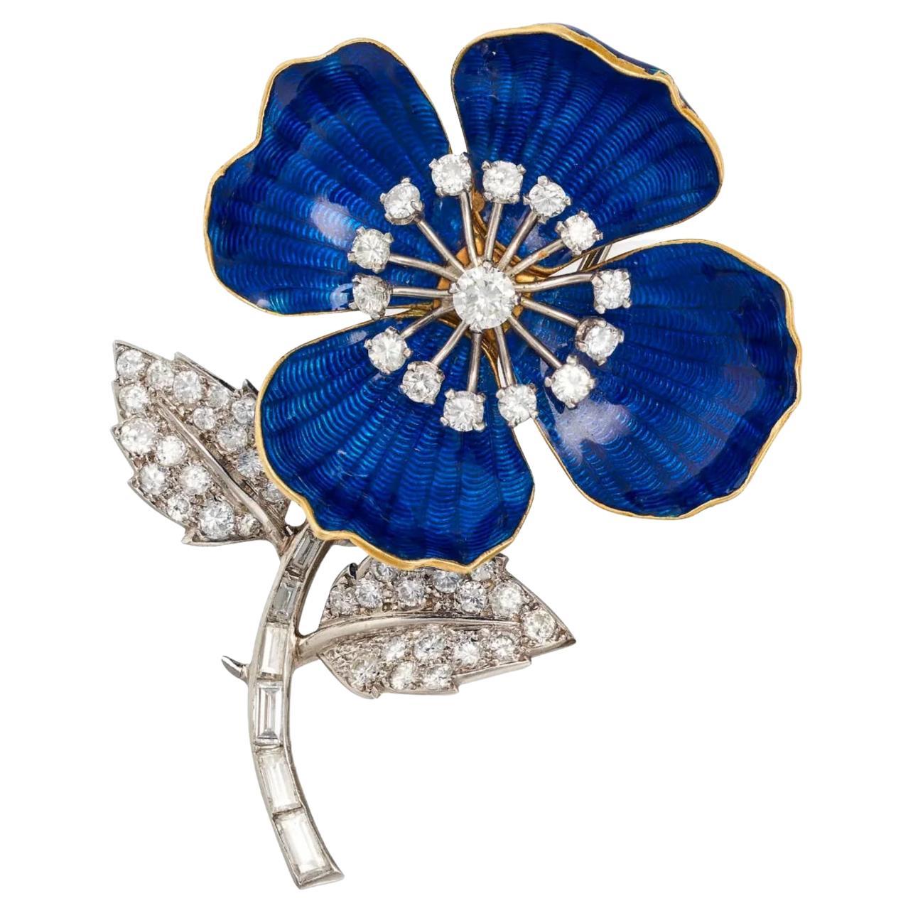 Boucheron Diamond And Blue Enamel Flower Brooch For Sale