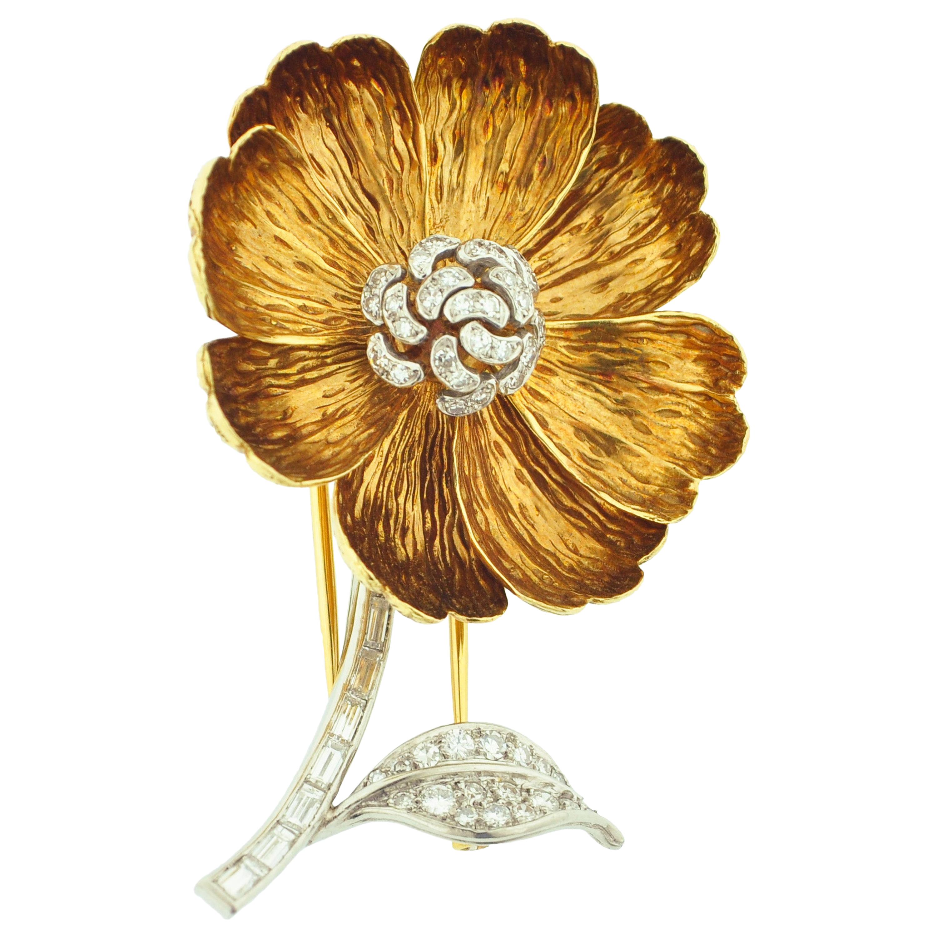 Boucheron Diamond and Gold Flower Brooch For Sale