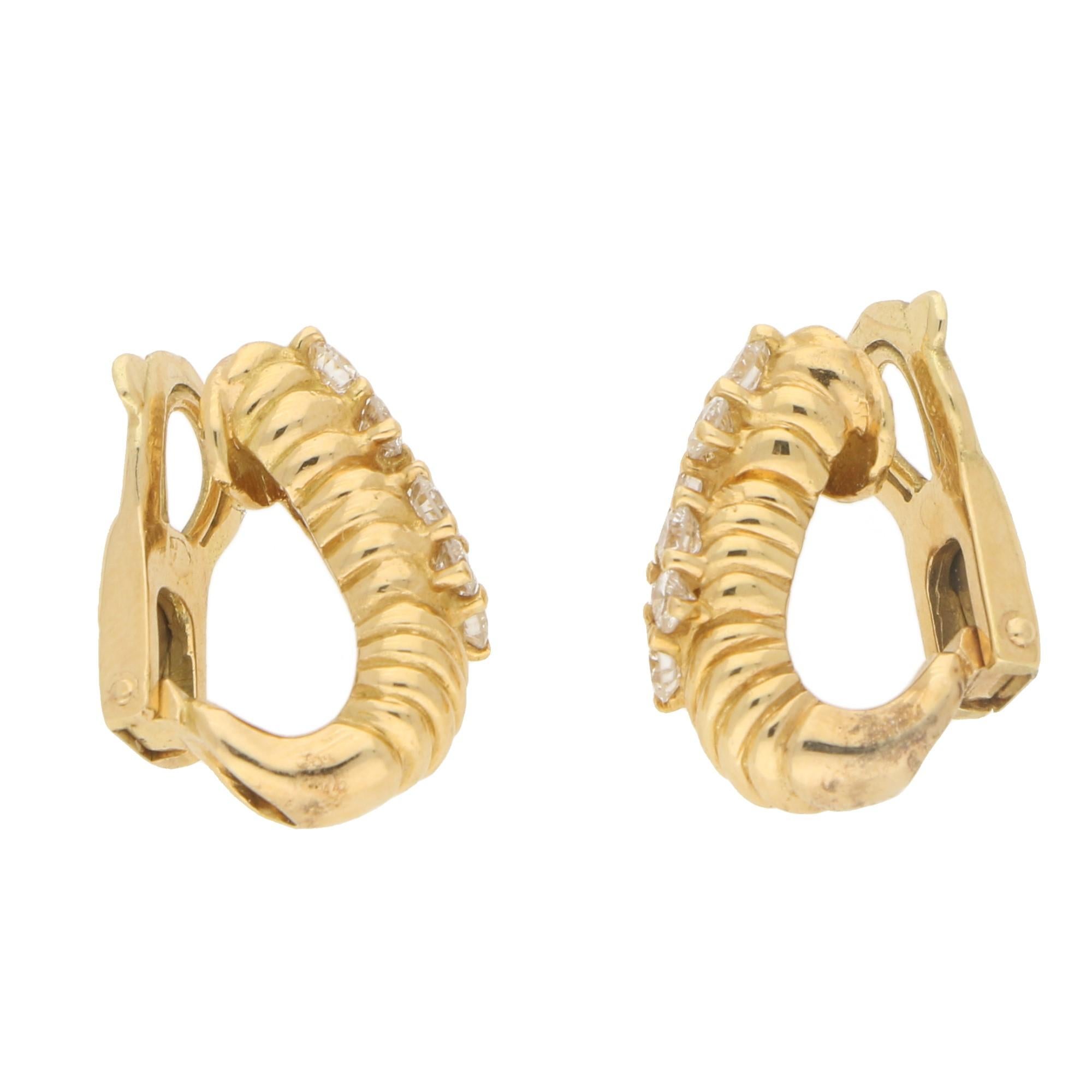 Round Cut Boucheron Diamond Clip Stud Half Hoop Earrings in 18 Karat Yellow Gold