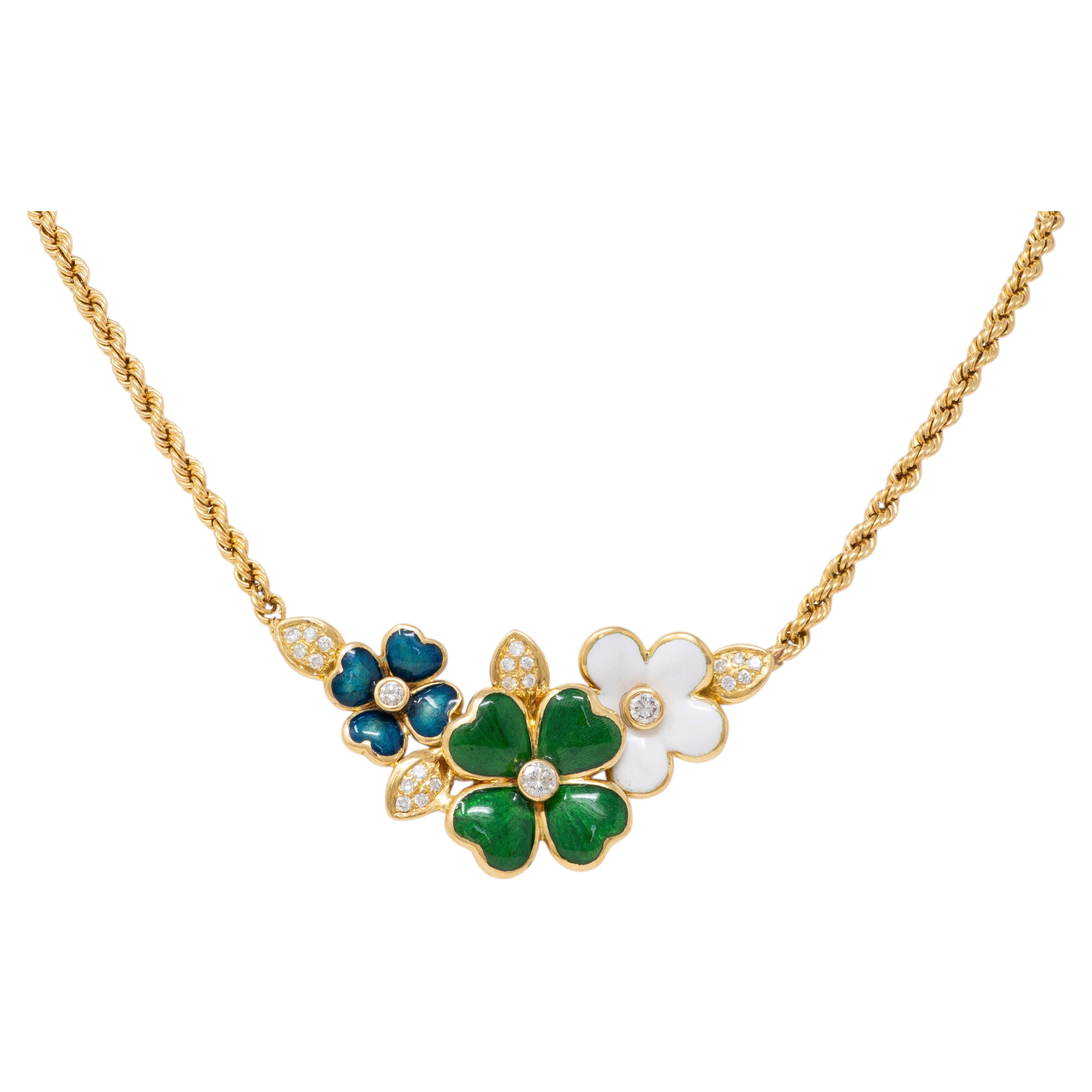 Collana vintage Boucheron con motivo floreale, in oro giallo 18 carati con smalto e diamanti