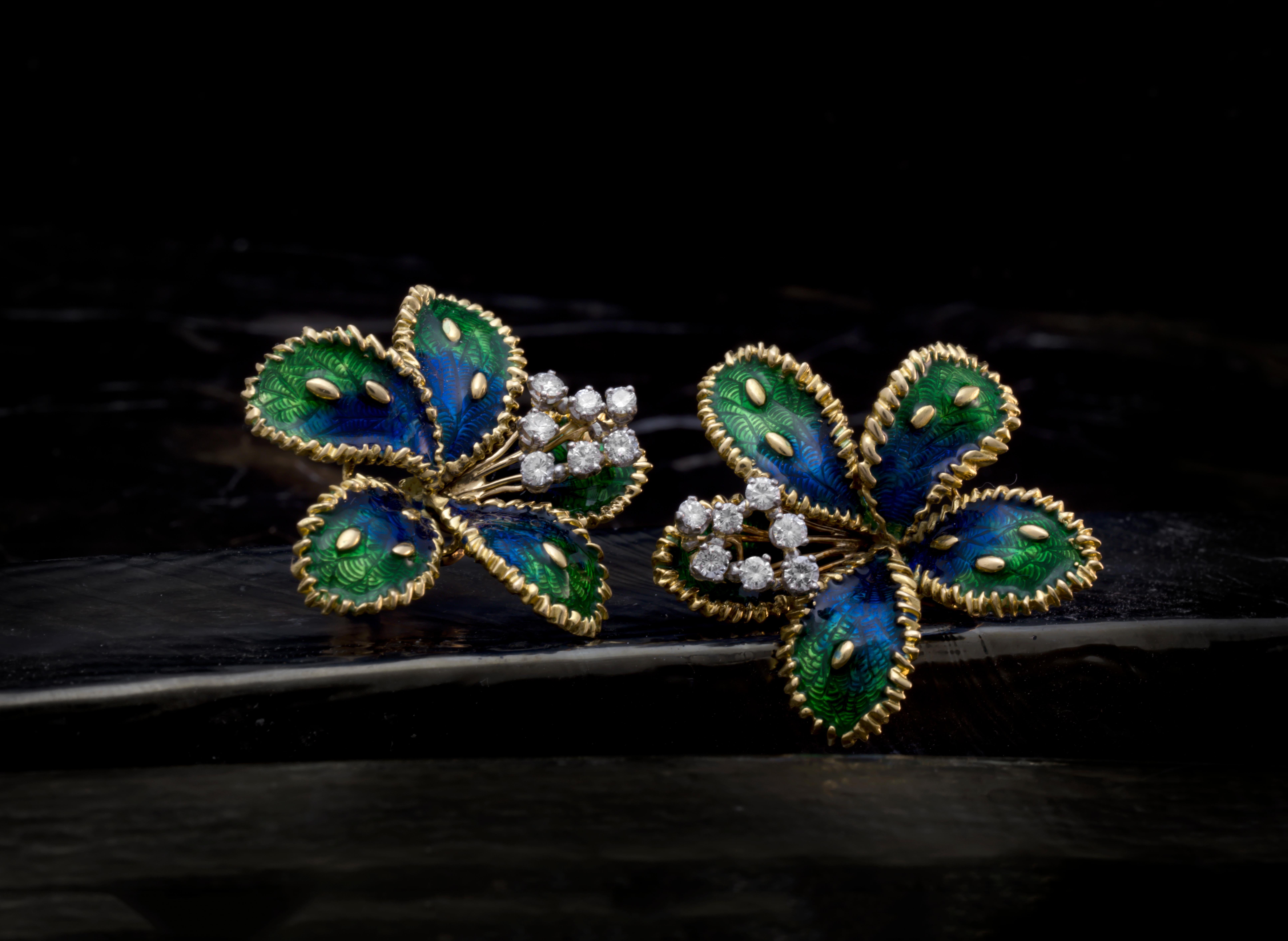 Women's Boucheron Diamond Enamel Flower Earrings For Sale