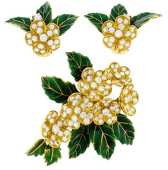 Boucheron Diamond Enamel Gold Earrings Clip Set Brooch Pin, 1950s France