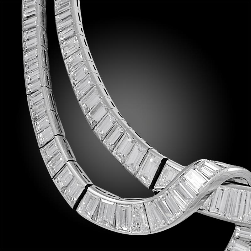 Tapered Baguette Boucheron Diamond Platinum Necklace And Brooch For Sale