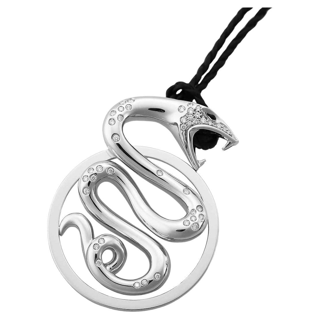 Boucheron Diamond Onyx 18 Karat White Gold Trouble Snake Pendant Necklace 80cm
