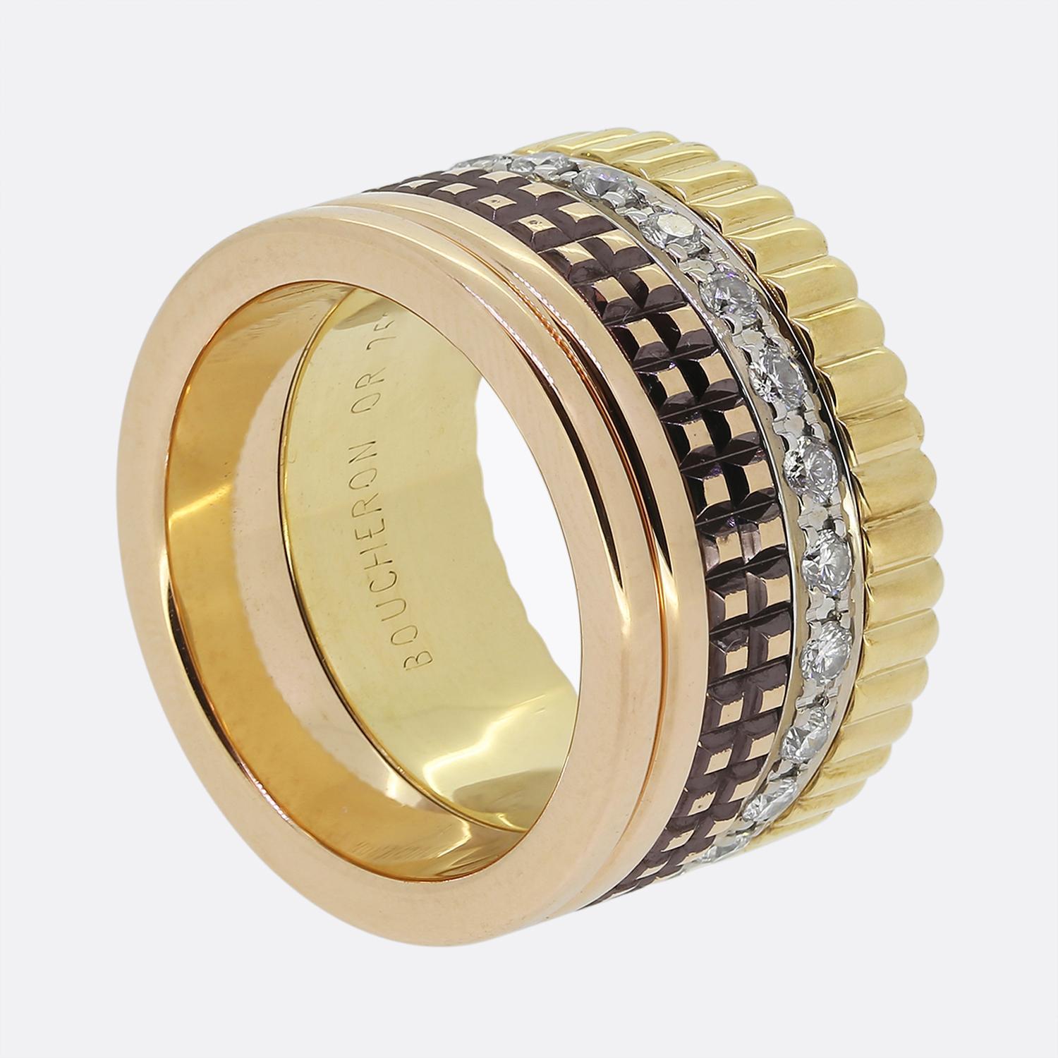Here we have an 18ct gold ring from the luxury jewellery designer Boucheron. This piece forms part of the Quatre collection and features 4 different layers of gold in an iconic and highly recognisable style. The first layer is a fluted 18ct yellow