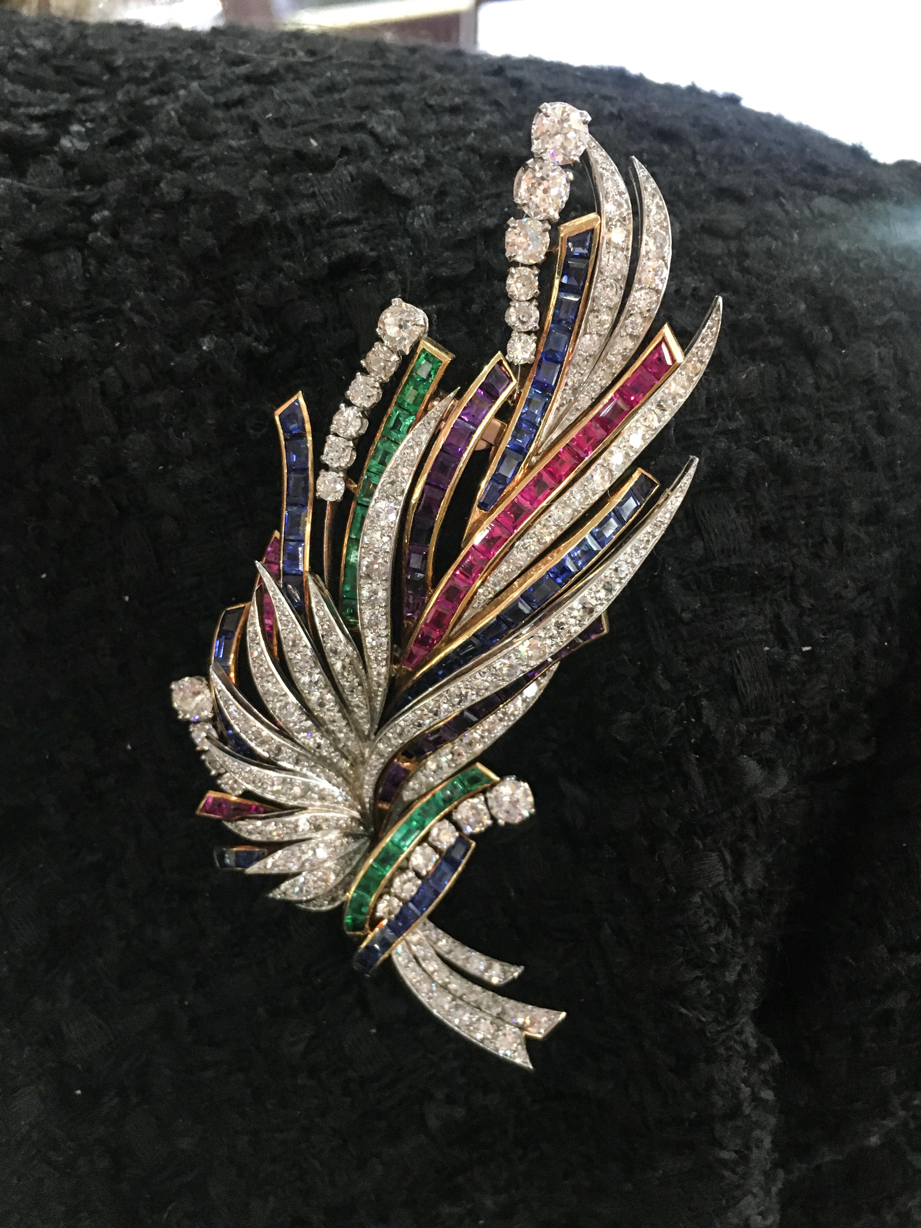 Women's or Men's Boucheron Diamond Ruby Sapphire and Emerald Brooch & Earrings Set