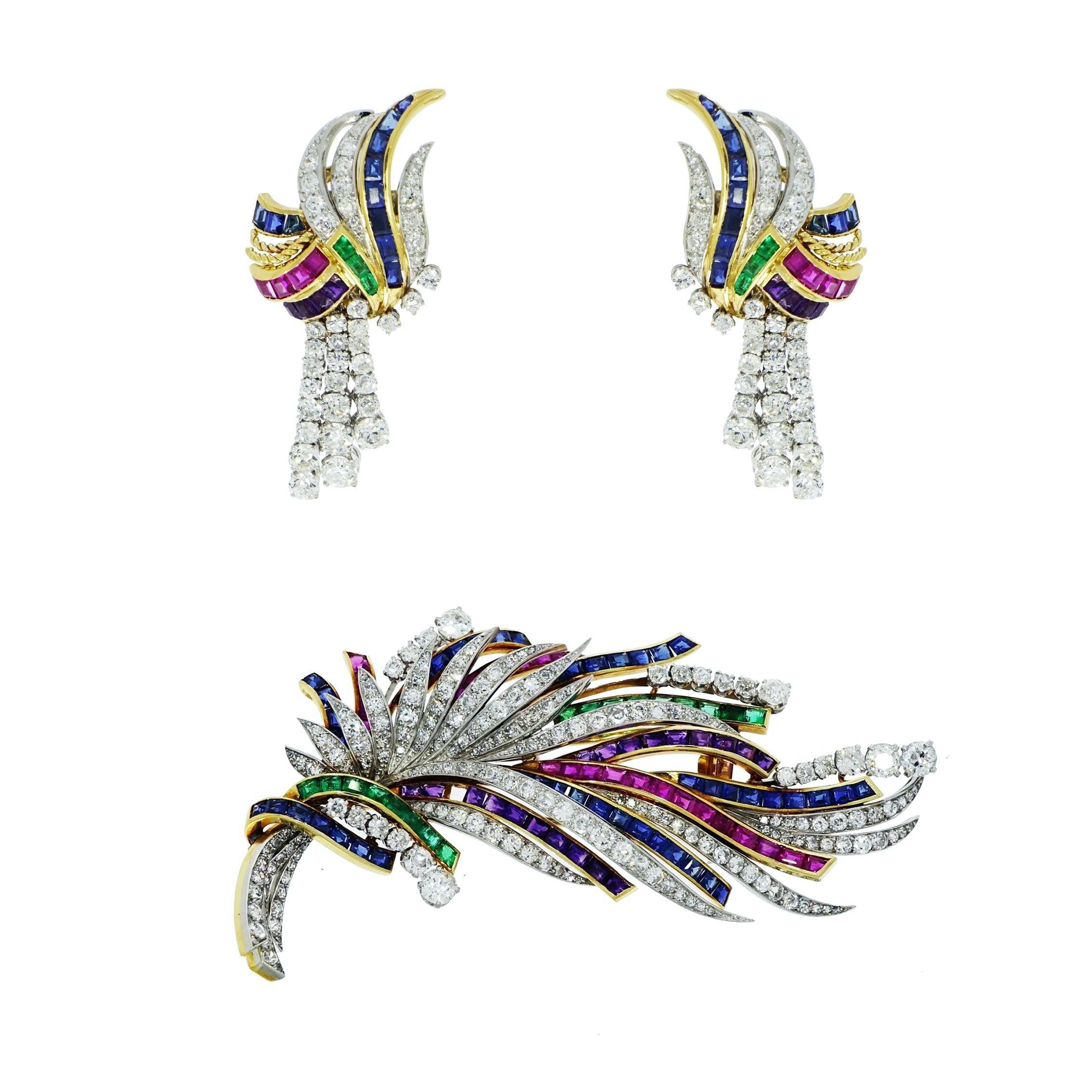 Boucheron Diamond Ruby Sapphire and Emerald Brooch & Earrings Set