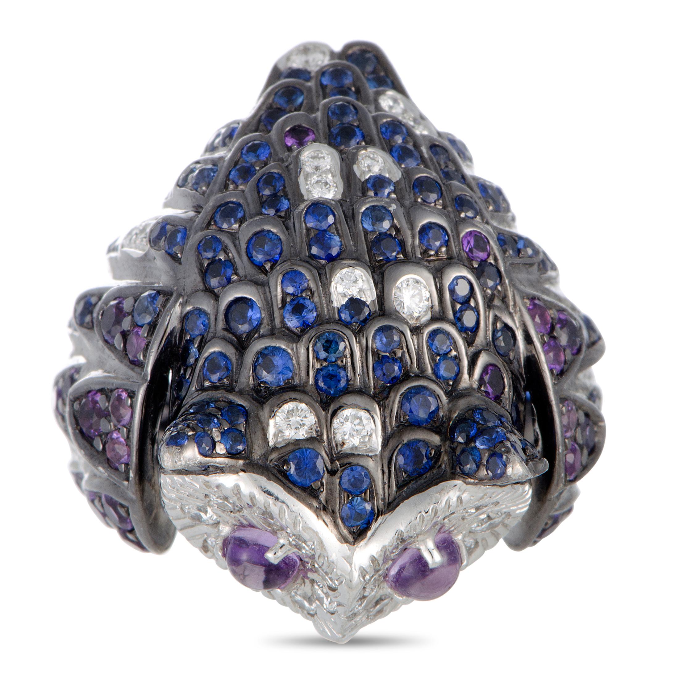 Boucheron Diamond, Sapphire and Amethyst White Gold Rhodium-Plated Owl Ring In Excellent Condition In Southampton, PA
