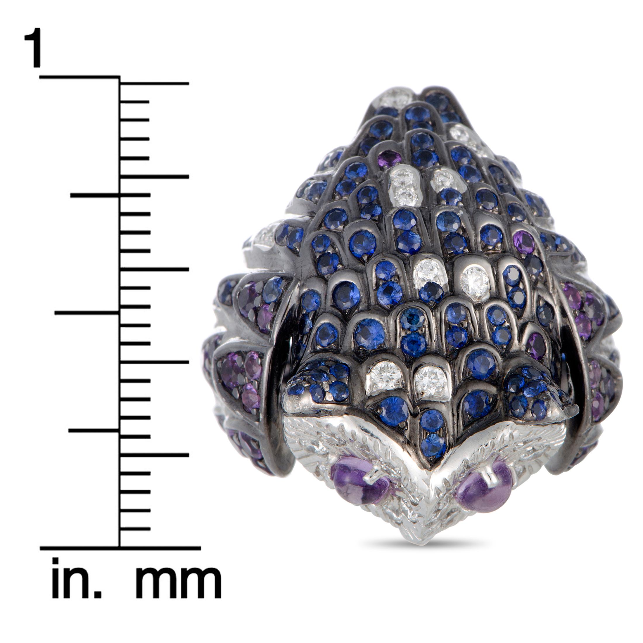 Women's Boucheron Diamond, Sapphire and Amethyst White Gold Rhodium-Plated Owl Ring