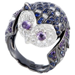 Boucheron Diamond, Sapphire and Amethyst White Gold Rhodium-Plated Owl Ring