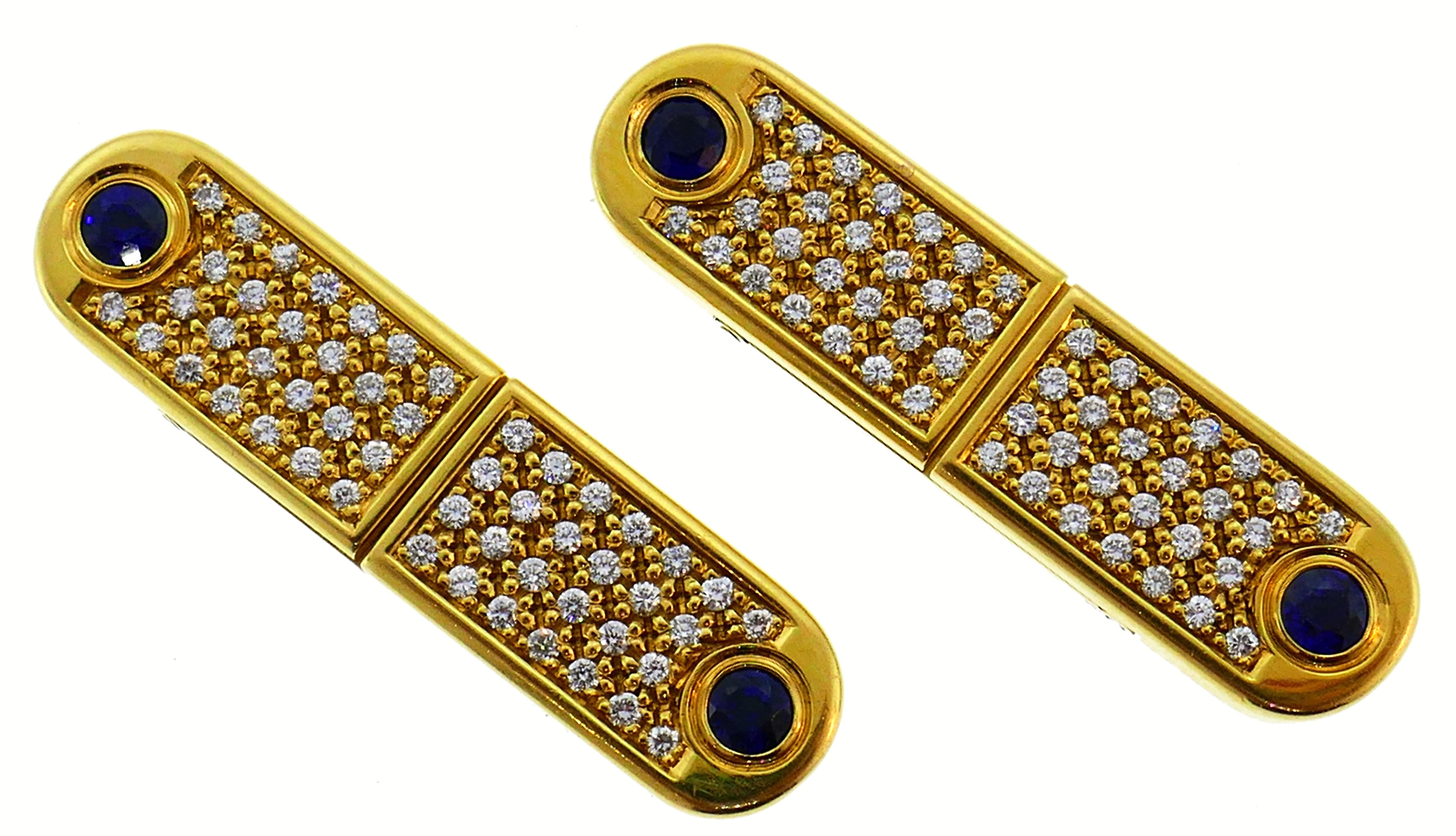 Classy cufflinks created by Boucheron, Paris. Elegant and timeless, the cufflinks are a great addition to your jewelry and accessories collection. 
Made of 18 karat (stamped) yellow gold and set with round brilliant cut diamonds and round faceted