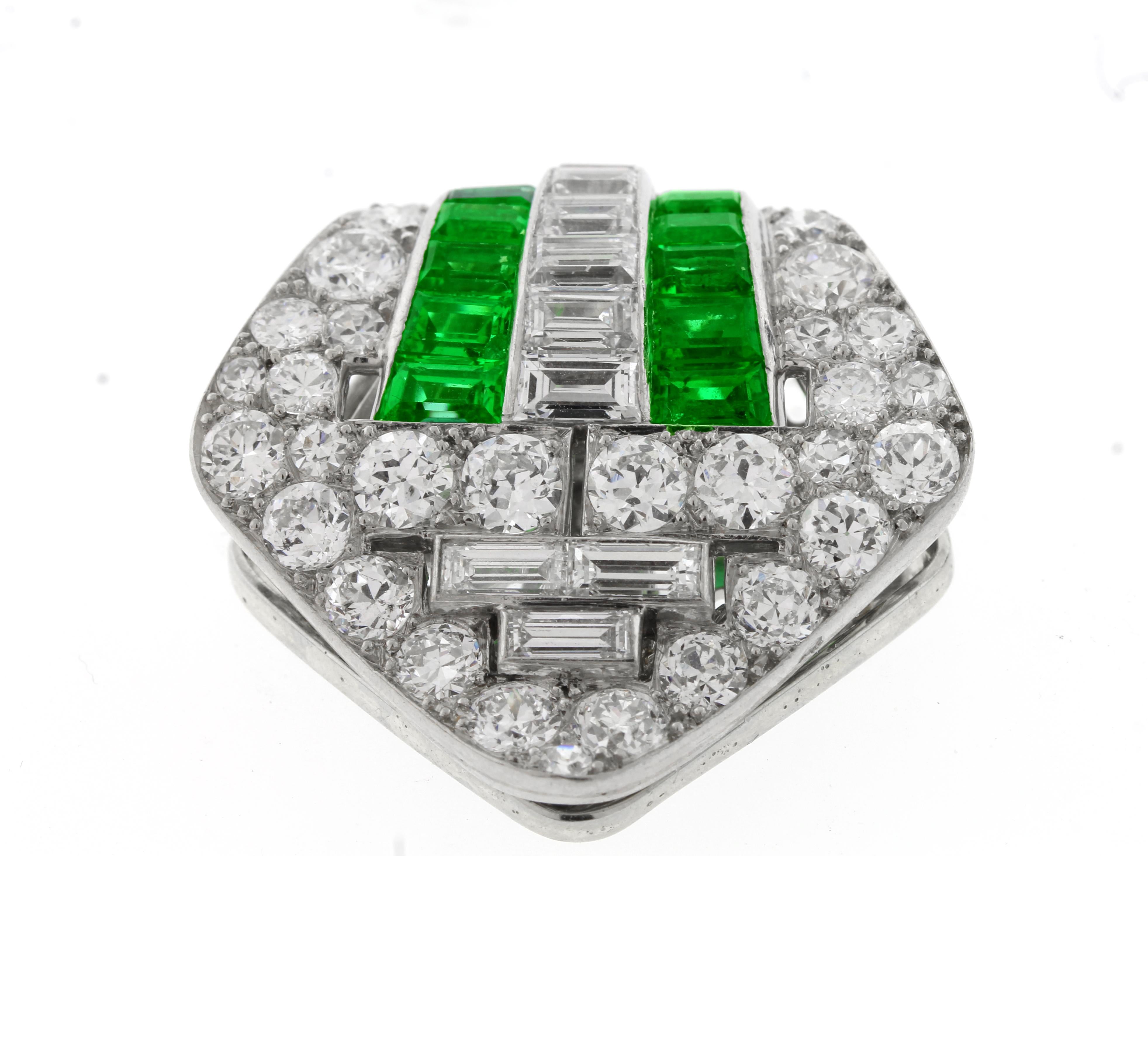 Emerald Cut Boucheron Emerald and Diamond Art Deco Clip Brooch