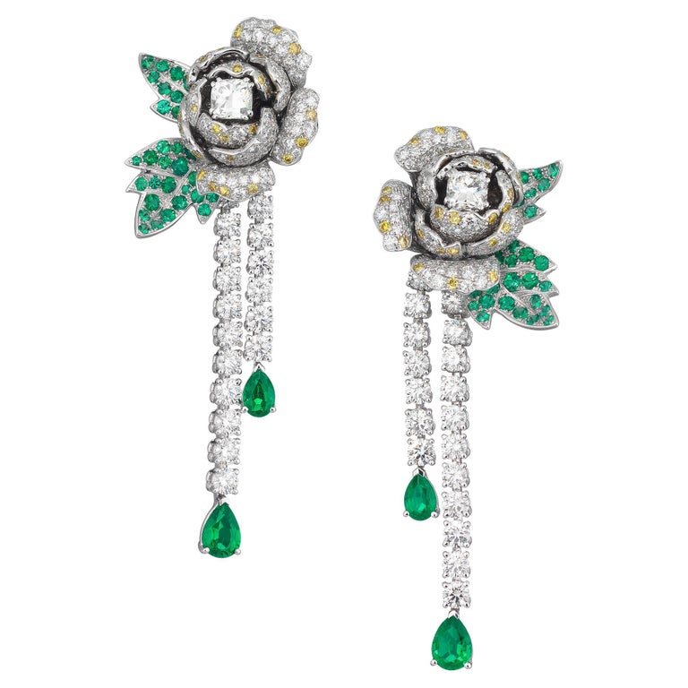 Floral Dangle Drop Long Earring Jewelry Emerald Green Black Crystal Design 2.7"