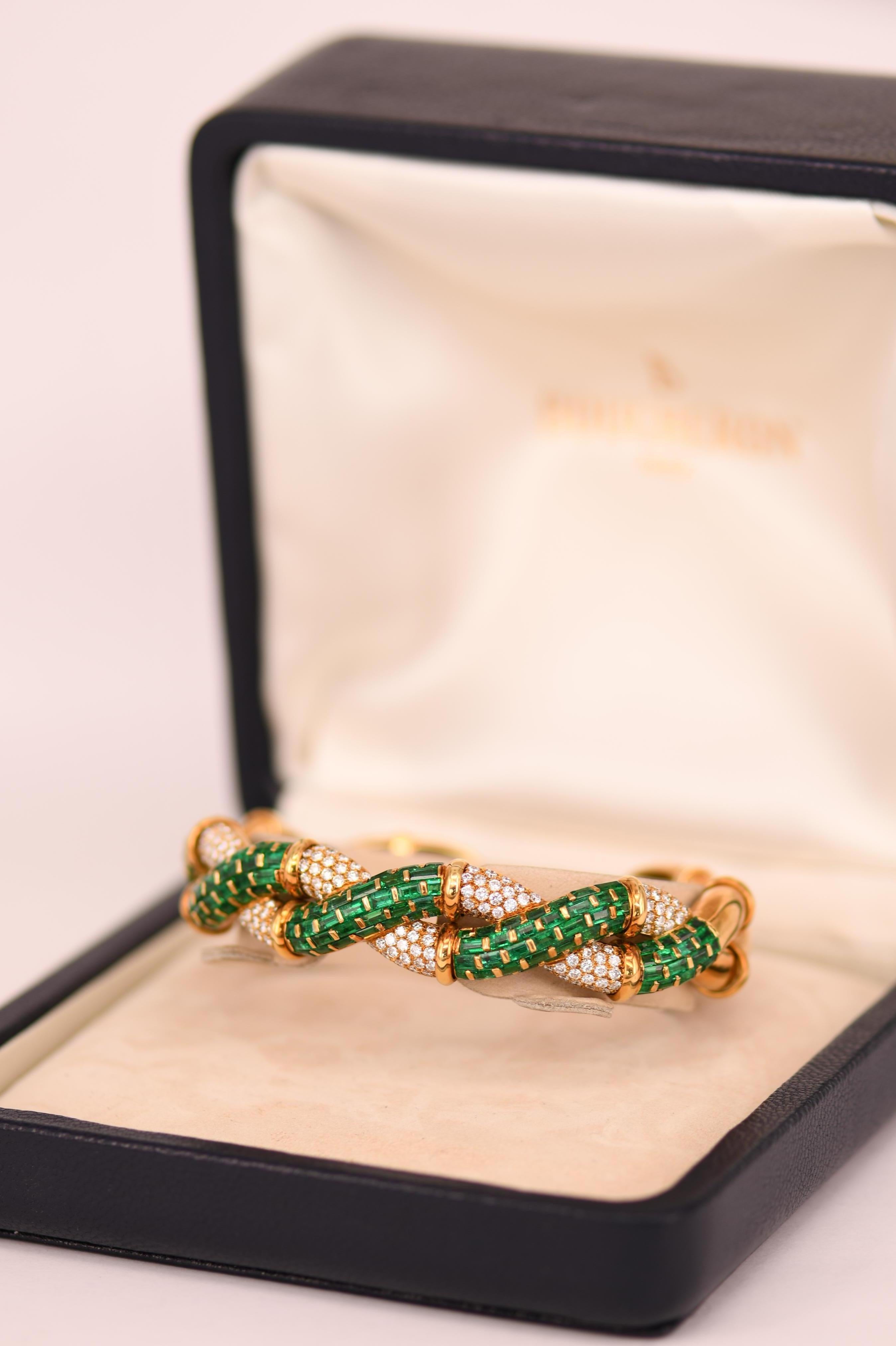 Baguette Cut Boucheron Emerald Diamond Gold Bangle Bracelet with Box
