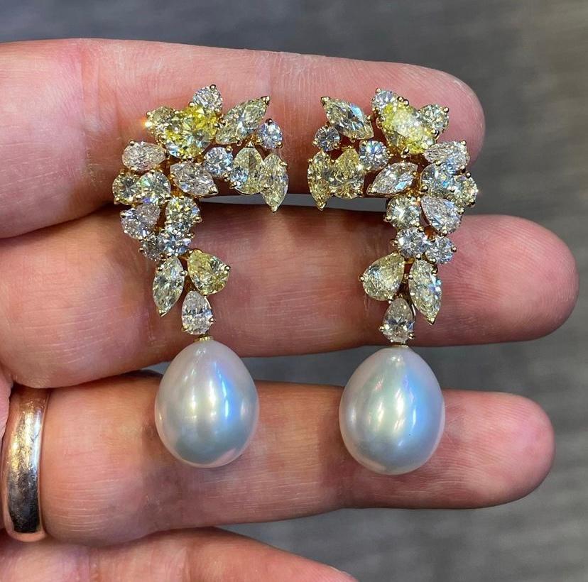 Oval Cut Boucheron Fancy Colored Diamond and Pearl Earrings