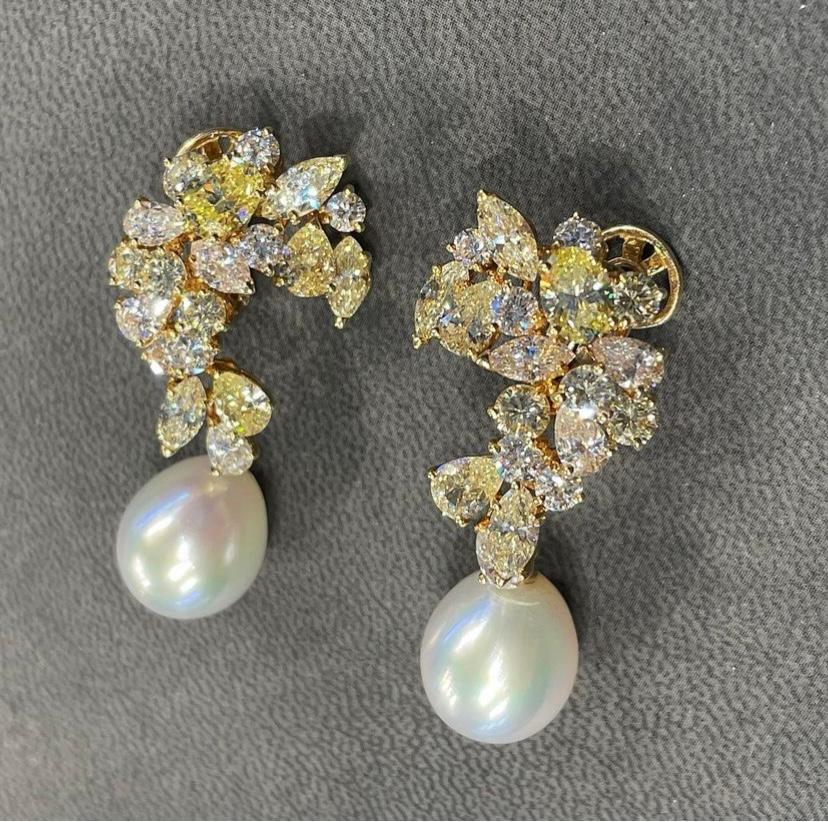 Women's Boucheron Fancy Colored Diamond and Pearl Earrings