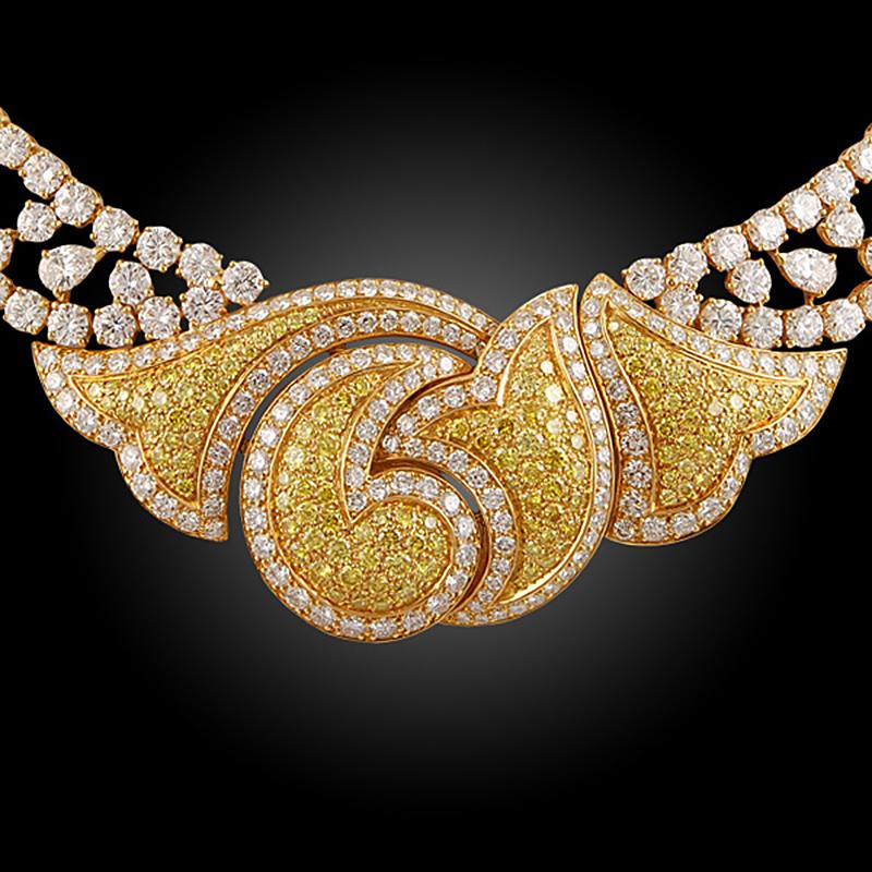 Round Cut Boucheron Fancy Yellow and White Diamond Yellow Gold Necklace For Sale