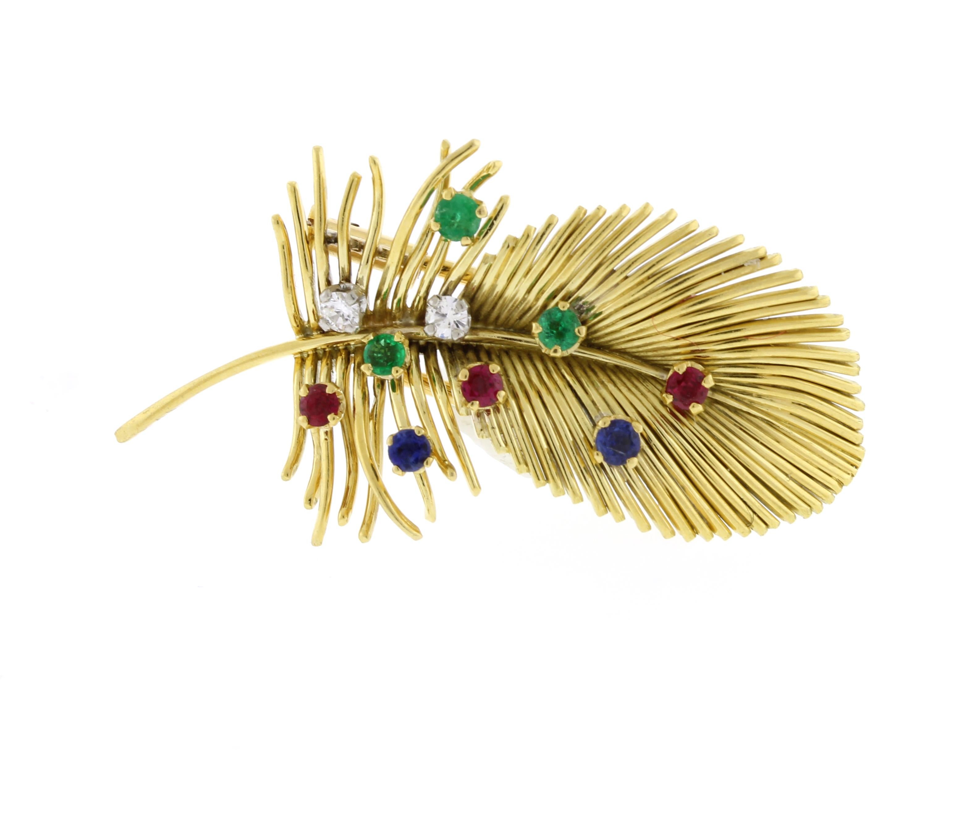Brilliant Cut Boucheron Feather Brooch with Emeralds, Rubies, Sapphires and Diamonds